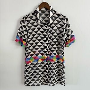Vintage | Gottex Unisex Black White Rainbow Stripe Graphic Geometric Silk Shirt